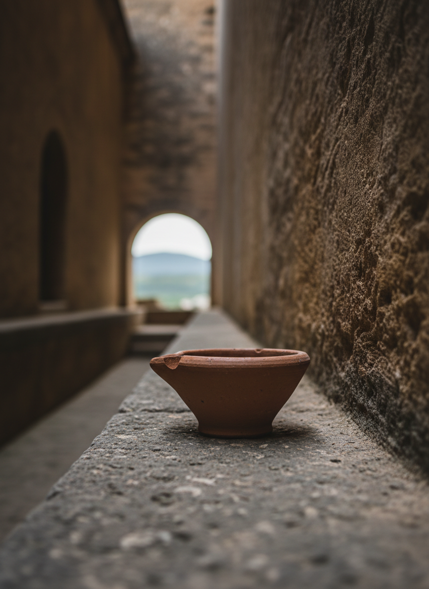 An empty clay oil lamp, unlit and slightly chipped at the rim, placed on the cool stone ledge of a narrow corridor in an old monastery. The walls around it are textured with centuries of weathering, in deep, muted ochres and gray-browns. At the far end of the corridor, a small arched opening reveals a sliver of cloudy sky and the faint outline of distant hills. Soft side lighting from the arch opening creates delicate highlights along the lamp’s edge and gentle shadows behind it. Photographic realism, low-angle perspective, and a shallow depth of field emphasize the lamp as a symbol of potential insight and yet-to-be-formed opinions.