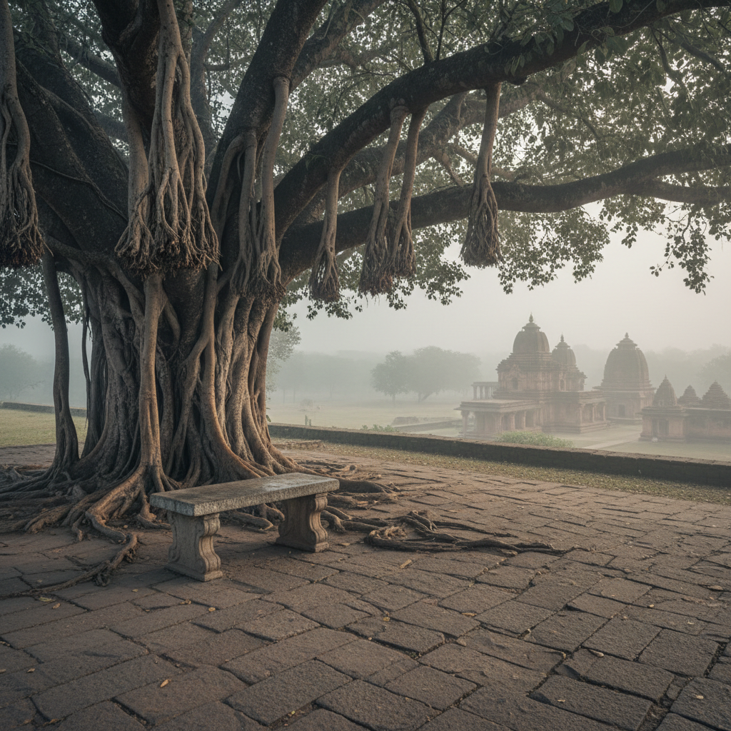A small, weathered stone bench beneath a sprawling banyan tree at the edge of an old pilgrimage path, the roots curling into ancient, cracked paving stones. In the distance, slightly out of focus, low temple architecture with domed roofs and earthy, faded colors blends into a hazy valley. Early morning overcast light diffuses through a thin mist, softening every contour and eliminating harsh contrasts. Shot from a slightly elevated angle, using the rule of thirds to place the bench off-center, the photographic scene feels hushed and introspective, inviting quiet contemplation and nuanced reflection rather than easy answers.
